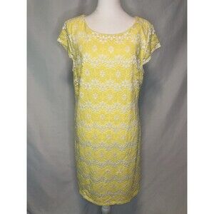 Madison Leigh Womens 16 Classic Yellow Floral Lace Sheath Midi Cap Sleeve Dress
